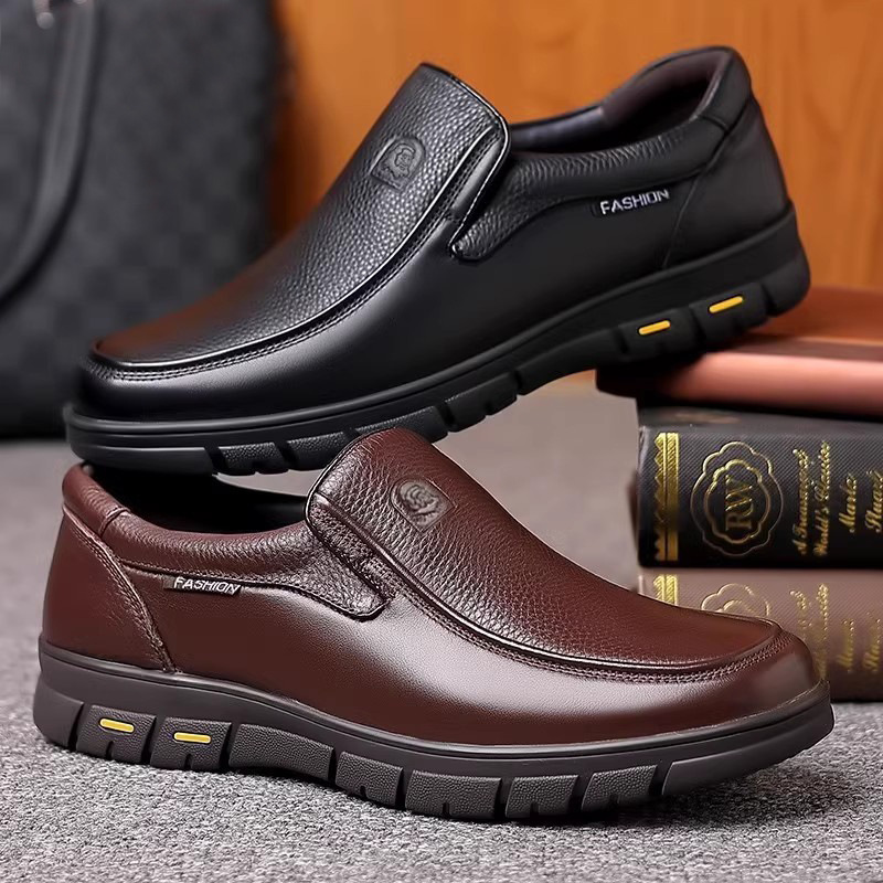 皮鞋男真皮商务正装休闲中老年爸爸鞋套脚春季透气软底防滑驾车鞋