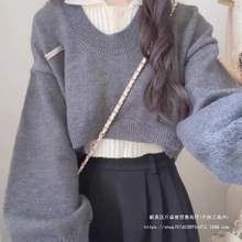 学院风短款领毛衣女新款春秋冬高腰显瘦修身设计感两件套针织上衣
