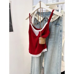 Women's Red False Two-Piece Tank Top, Underwear Base Layer for Summer 2024, New Design Fashion, Unique Outerwear Top