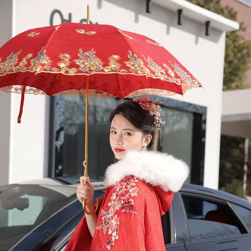 结婚红伞新娘伞中式婚礼出嫁伞女方陪嫁红伞结婚用婚庆晴雨伞加厚