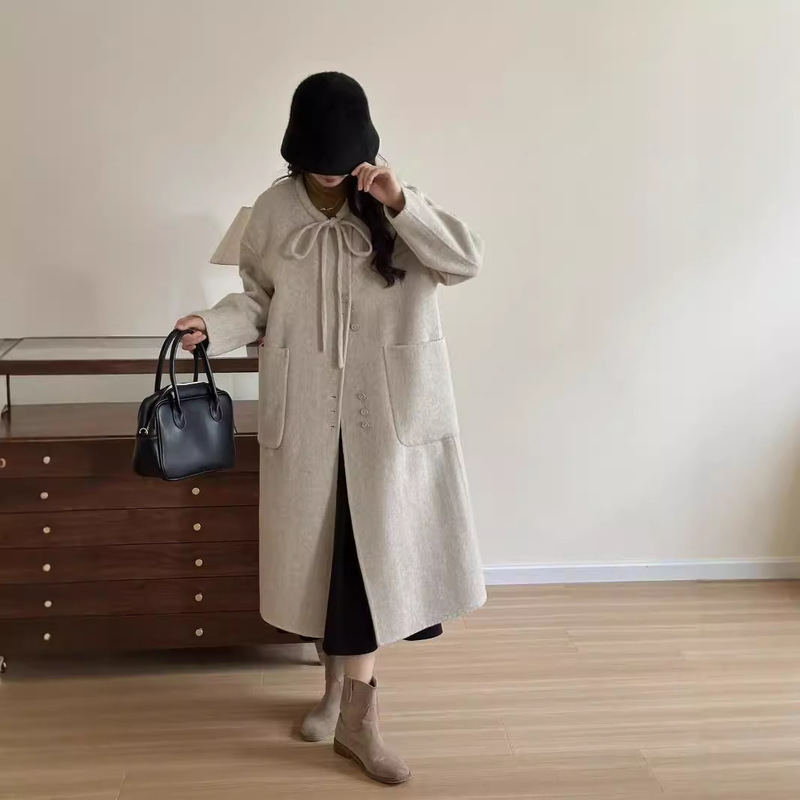 Korean Style Large Pocket Bow Double-Sided Cashmere Coat Women's Round Neck Long Wool Coat Women's Autumn and Winter New Style