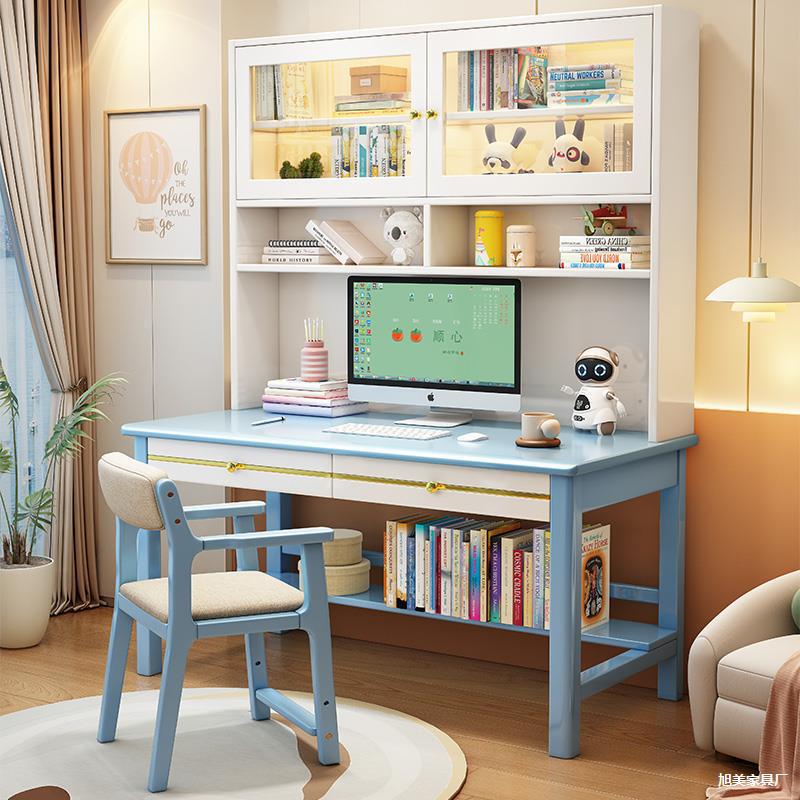 Solid Wood Desktop Computer Desk, Junior High School Student Writing Desk, High Bookshelf with Glass Door, Integrated Study Table