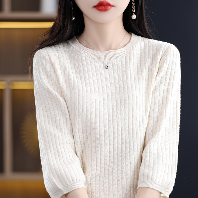 Cross-Border Autumn Cotton Knit Sweater for Women, Round Neck Pullover, Loose Fit, Slimming, Stylish, Versatile, Three-Quarter Sleeves, Striped