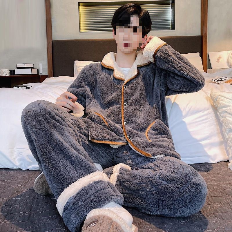 Trendy Fleece-Lined Pajamas Thickened for Autumn and Winter, Coral Men's Set, Flannel Youth Velvet Loungewear Suitable for Outdoor Wear
