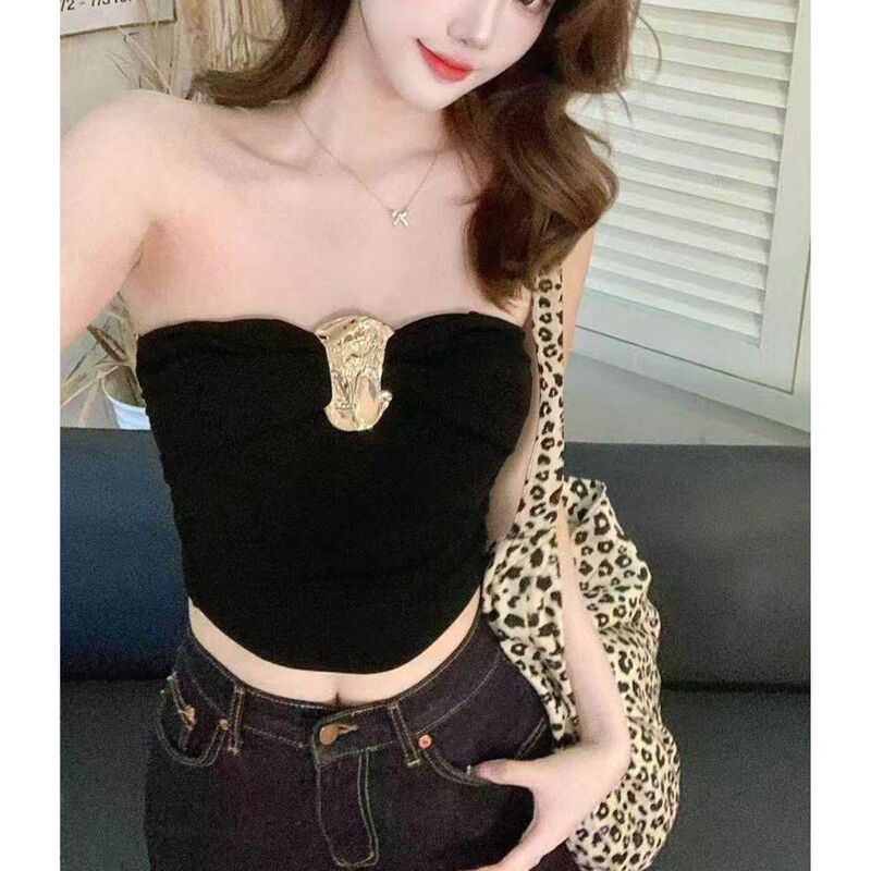 Cross-Border Wholesale Korean-Style High-End Pleated Metal Buckle Bustier Pure Desire Style Bowknot Tube Top Spicy Girl Tank Top Cross-Border Wholesale Korean-Style High-End Pleated Metal Buckle Bustier Pure Desire Style Bowknot Tube Top Spicy Girl Tank Top