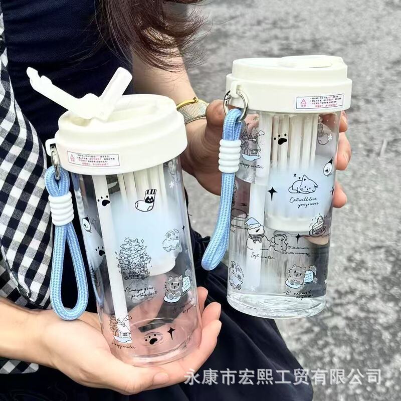 Original Snowman Cat Coffee Cup Large Capacity Girls High-Looking Plastic Cup Simple and Cute Double Drinking Straw Cup Original Snowman Cat Coffee Cup Large Capacity Girls High-Looking Plastic Cup Simple and Cute Double Drinking Straw Cup