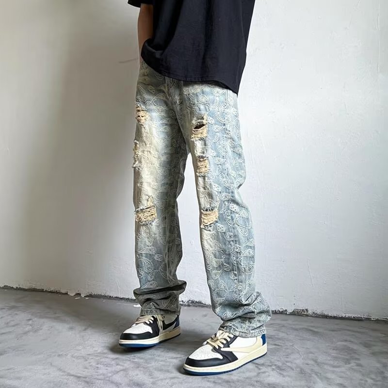 American-style loose straight cashew flower ripped jeans men's 2023 new retro high-end fashion brand casual pants