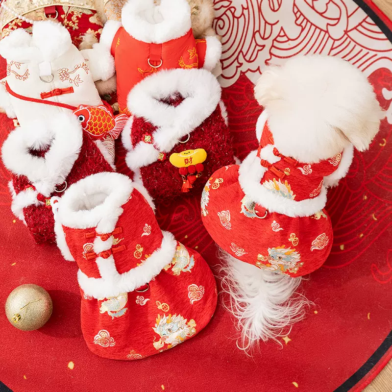 新款宠物唐装喜庆过年保暖中小型犬猫咪两脚比熊泰迪裙子狗狗衣服