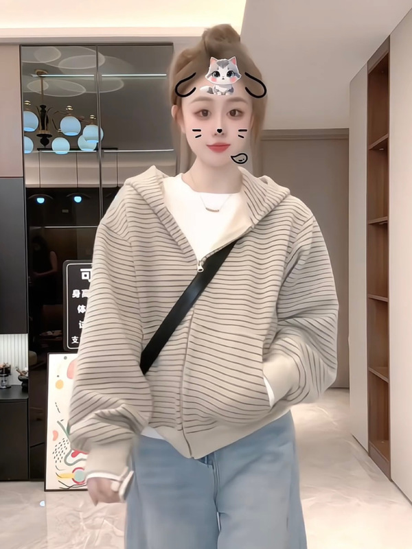 慵懒连帽卫衣女春秋新款韩系拉链条纹开衫百搭显瘦休闲减龄短外套|undefined