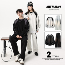 跨境潮牌撞色青少年运动休闲套装男女款春秋季宽松百搭痞帅一整套
