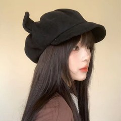 复古麂皮绒猫耳朵贝雷帽女秋冬季显脸小八角帽休闲百搭画家帽子潮