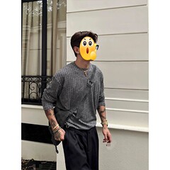深灰色重磅提花肌理感长袖t恤男款秋季美式老钱风穿搭内搭打底衫