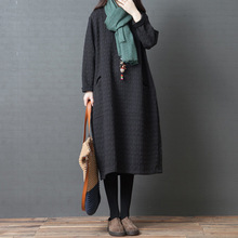 实拍2024秋冬新款韩版复古夹棉加厚宽松民族风长袖连衣裙女中长款