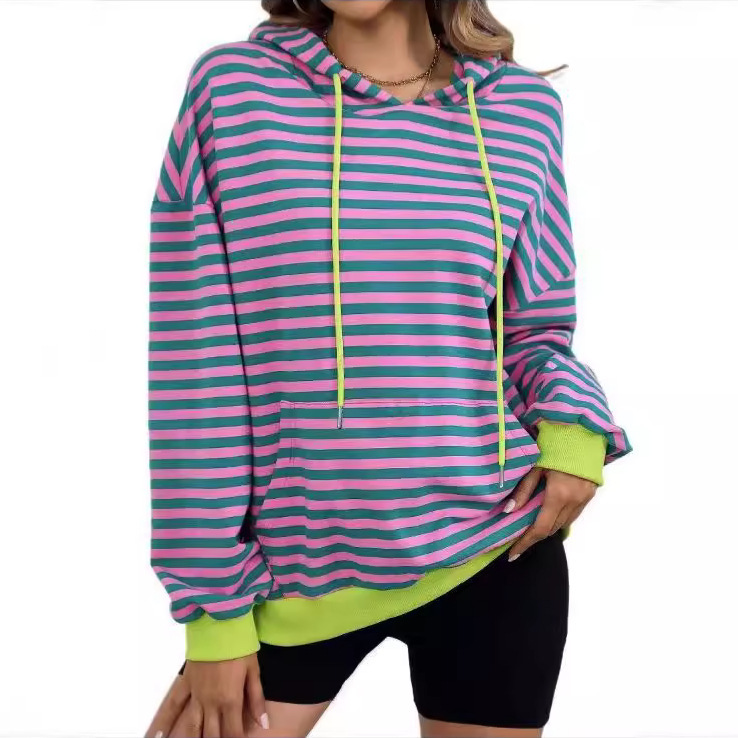 Autumn And Winter Printed Striped Hooded Color Block Pocket Sweatshirt_voghion.com
