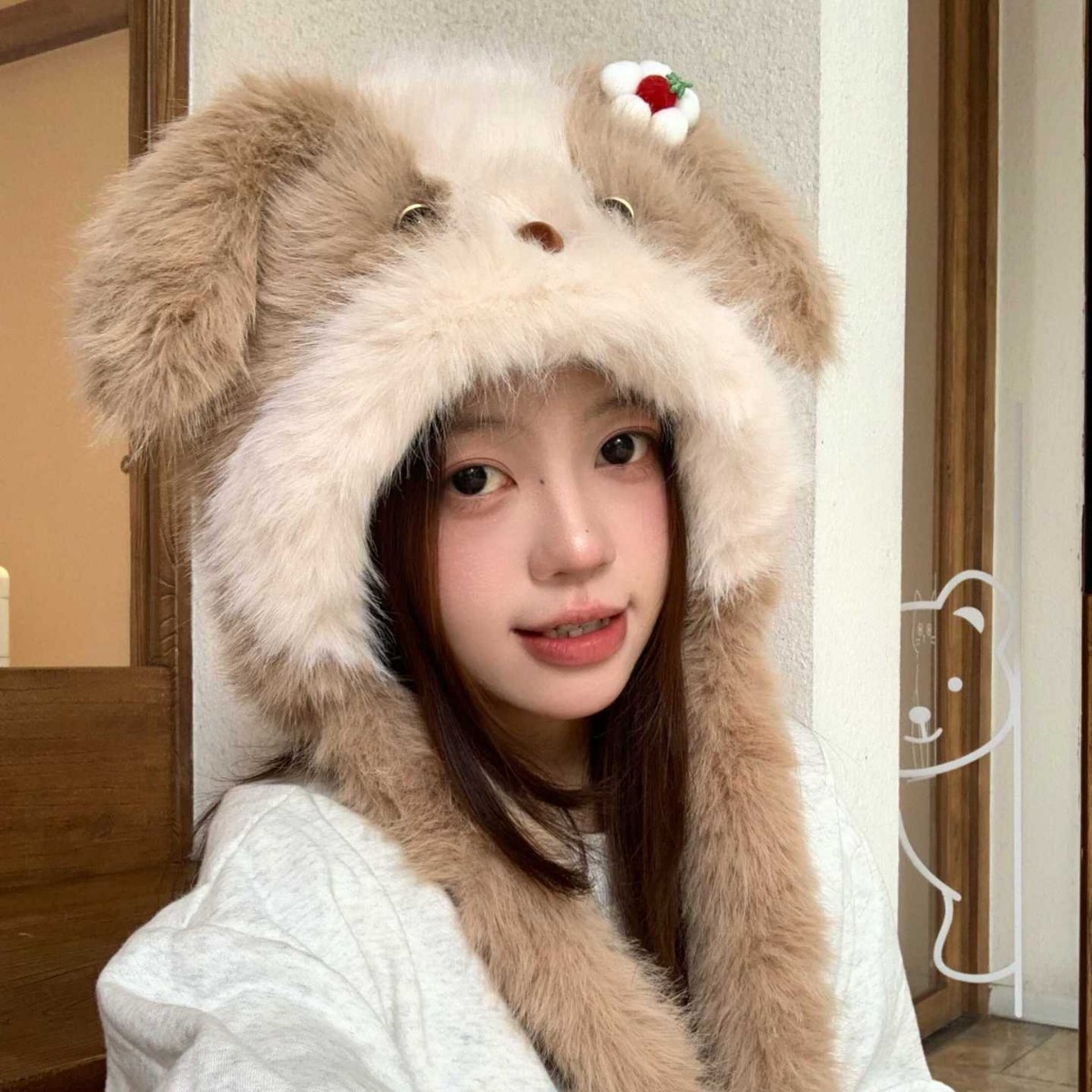 여성 겨울 강아지 귀달이 모자 목도리 일체형 보온 털모자