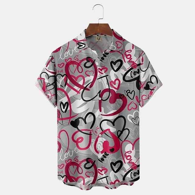 Мужские повседневные рубашки в форме сердца, Повседневная повседневная одежда, Дата, каникулы, Весна и лето, отворот, Короткие рукава
