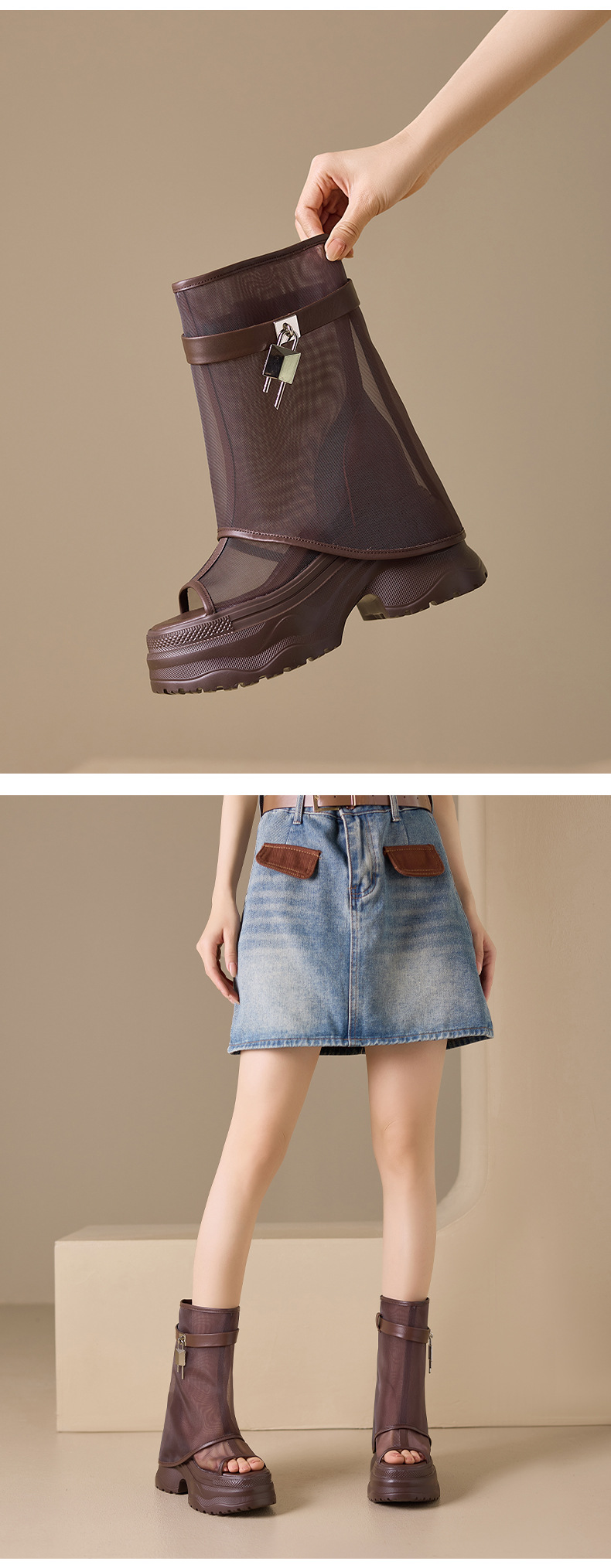 Boot nữ cổ cao đế dày lưới thoáng khí phong cách rider — màu nâu, màu đen, Nâu có hình, màu trắng chi tiết 11