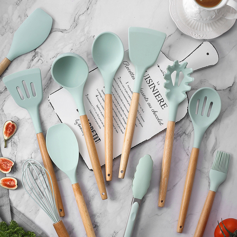Storage bucket set of 11 pieces fresh green wood handle silicone kitchen utensils, non-stick pan utensil set of 11 pieces