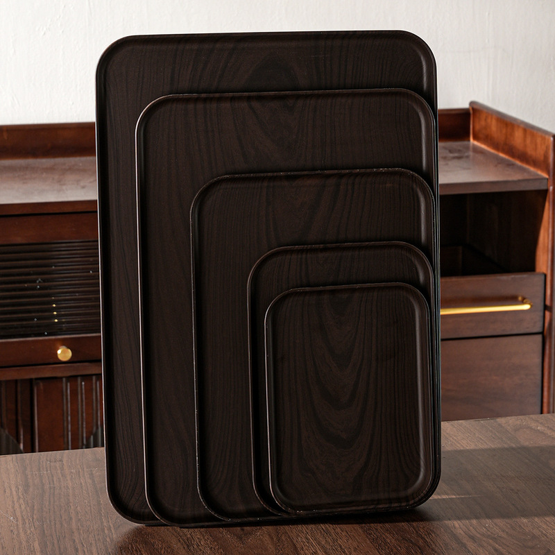 Cross-Border Imitation Wood Grain Tea Tray Multi-Specification Black Tray Fruit Snack Dinner Plate Restaurant Hotel Non-Slip Serving Plate Cross-Border Imitation Wood Grain Tea Tray Multi-Specification Black Tray Fruit Snack Dinner Plate Restaurant Hotel Non-Slip Serving Plate