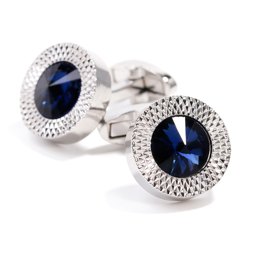 Men's Cufflinks Cross Border high quality Light Luxury Blue Crystal Round silver Shirt in stock Jewelry 1 Pair Wholesale