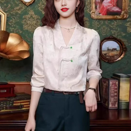 새로운 중국 스타일 국가 스타일 칼라 플레이트 외부 긴 외국 스타일 소매 셔츠 2025 봄 새로운 봄 슬림 우아한 셔츠 착용