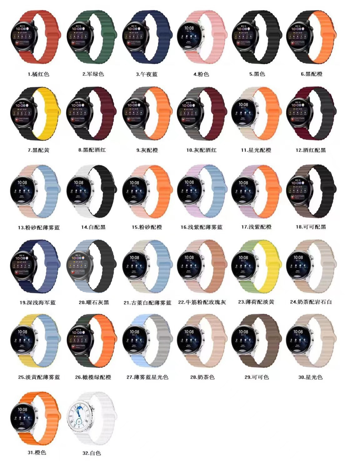 The dual-color magnetic silicone watch strap is compatible with Huawei Watch 5, GT5, Samsung 6, Xiaomi s4, Garmin Universal 20mm and 22mm Specification drawing