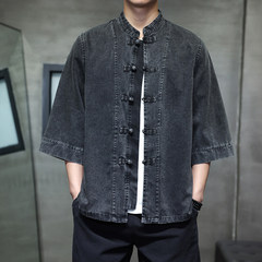 2025新型夏中国風紳士服レトロ盤ボタン立襟竹ジャカード七分袖シャツトレンド上着