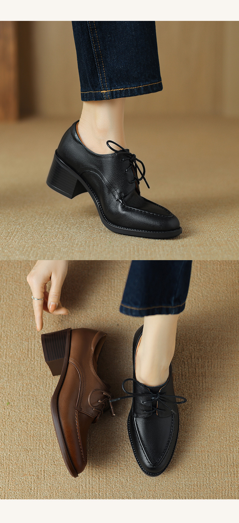 Giày da nữ cổ điển mũi nhọn buộc dây gót vuông 5 cm phong cách Anh — Màu nâu chi tiết 10