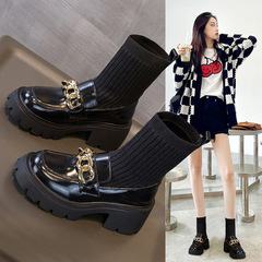 Small size women's shoes, genuine leather socks, fly knitted inner heightening thick soles, small square single shoes, inner heightening wedge heels, trendy shoes, Martin boots for women