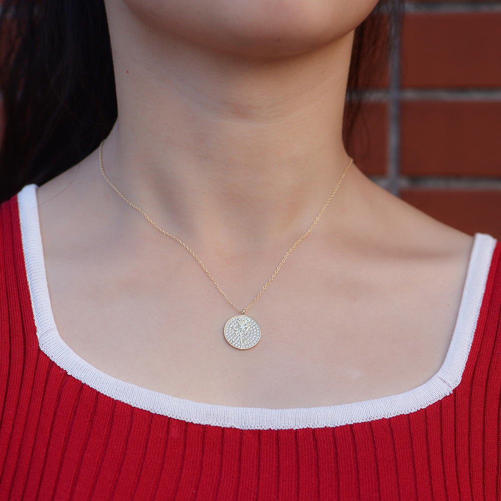 S925 collar de diamantes de plata mujer europea y americana ins moneda redonda micro con incrustaciones de circón rosa collar colgante cadena de clavícula