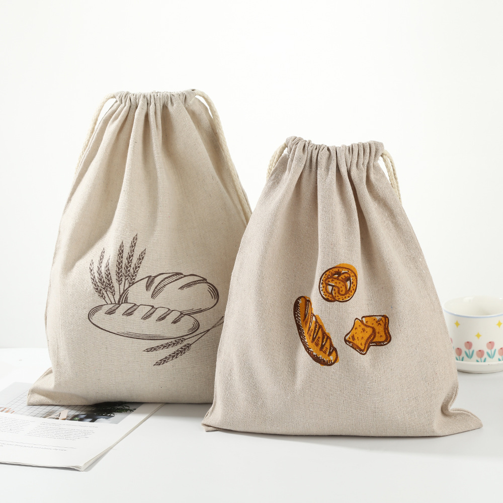 简约时尚面包收纳袋烘焙图案抽绳束口棉布袋可重复使用面包储存袋