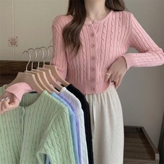 麻の花のセーターの新型の丸首の上着のニットの短い長袖のゆったりしているニットのカーディガンの小さい香りの風のコートの春秋