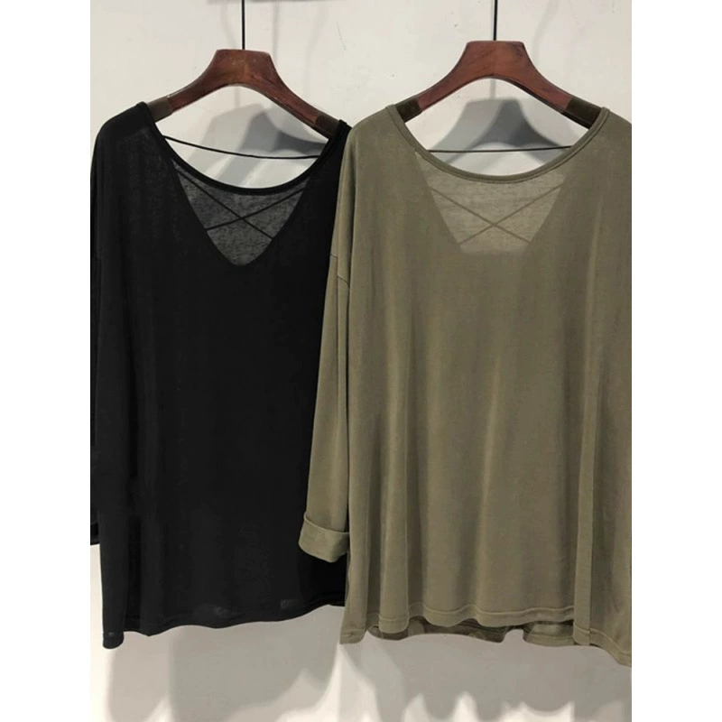 Light and thin long-sleeve, knitted shirt, sweater, plus size, backless, sun protection, V-neckline