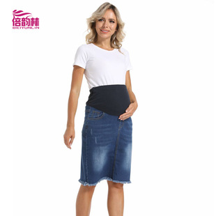 Cross-border Summer Pregnant Women's Belly-supporting Denim Short Skirt Fashion Hot Mom Casual Thin Large Size Loose Fur Edge Pregnant Women's Skirt