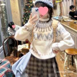 新款钩花费尔岛毛衣女秋冬圣诞氛围气质休闲百搭软糯针织上衣