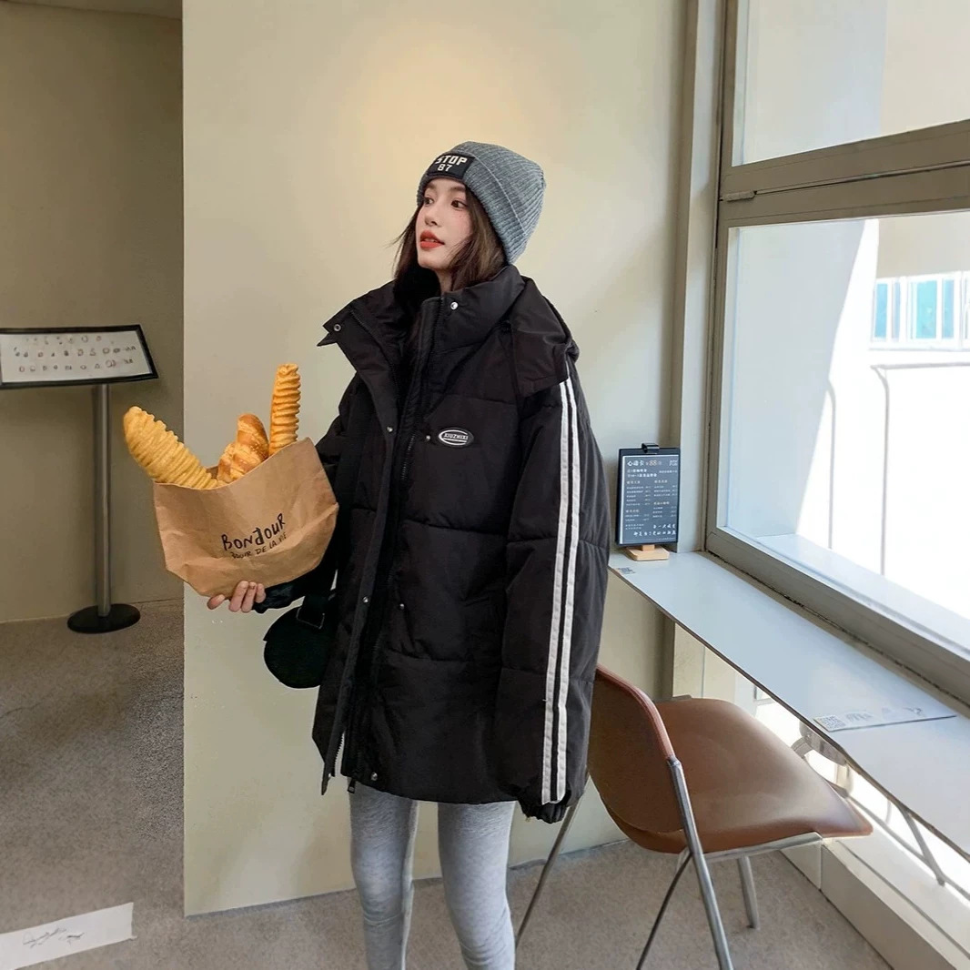 黑色羽绒棉服女冬季2026新款韩系宽松学院风情侣百搭连帽加厚棉袄