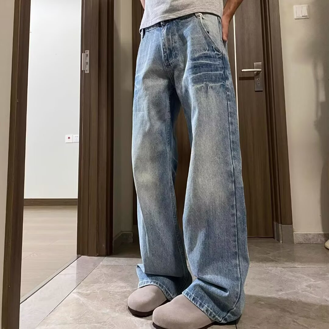 Water Wash Blue Cracked Fashion Brand Tie-dyed Washed Jeans American Style Wide Leg Casual All-match Loose Straight Pants for Men and Women
