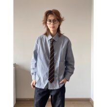 日系复古条纹衬衫男女学院风长袖衬衣百搭配腰带情侣上衣服新款