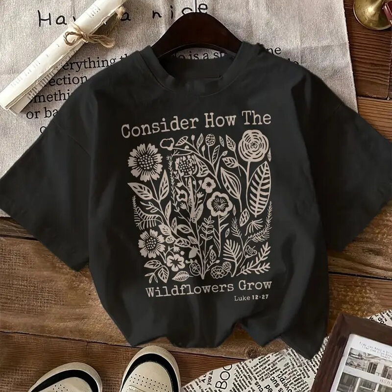 European and American Style Age-reducing Stylish Printed Distinctive Trendy Loose All-match Elegant Retro 100 Pure Cotton Short-sleeved T-shirt for Women