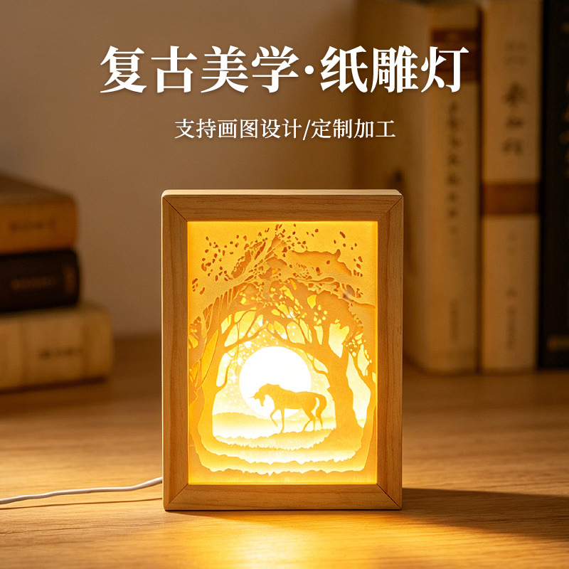 创意文创礼品灯光画纸雕工艺品国潮风氛围小夜灯3d立体光影纸雕灯
