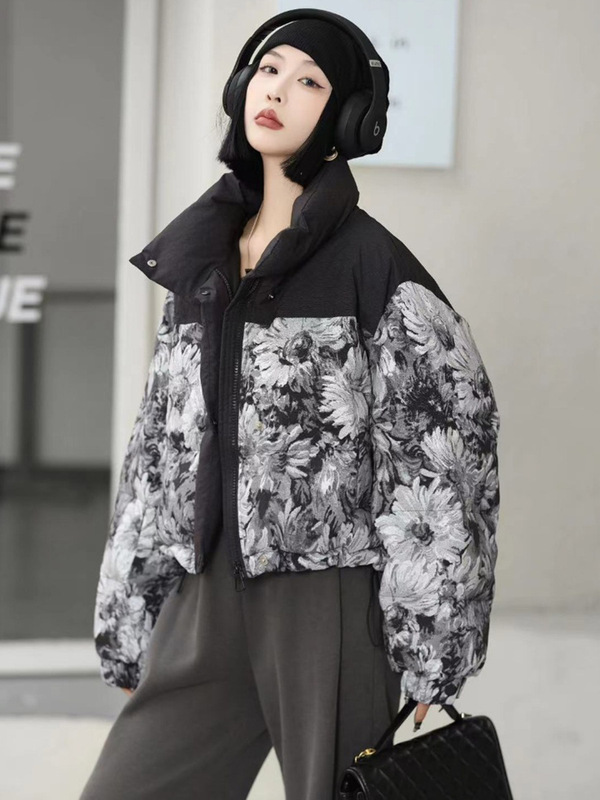 潮流迷彩印花款羽绒服女短款2025冬季新款设计感立领保暖面包服潮|undefined