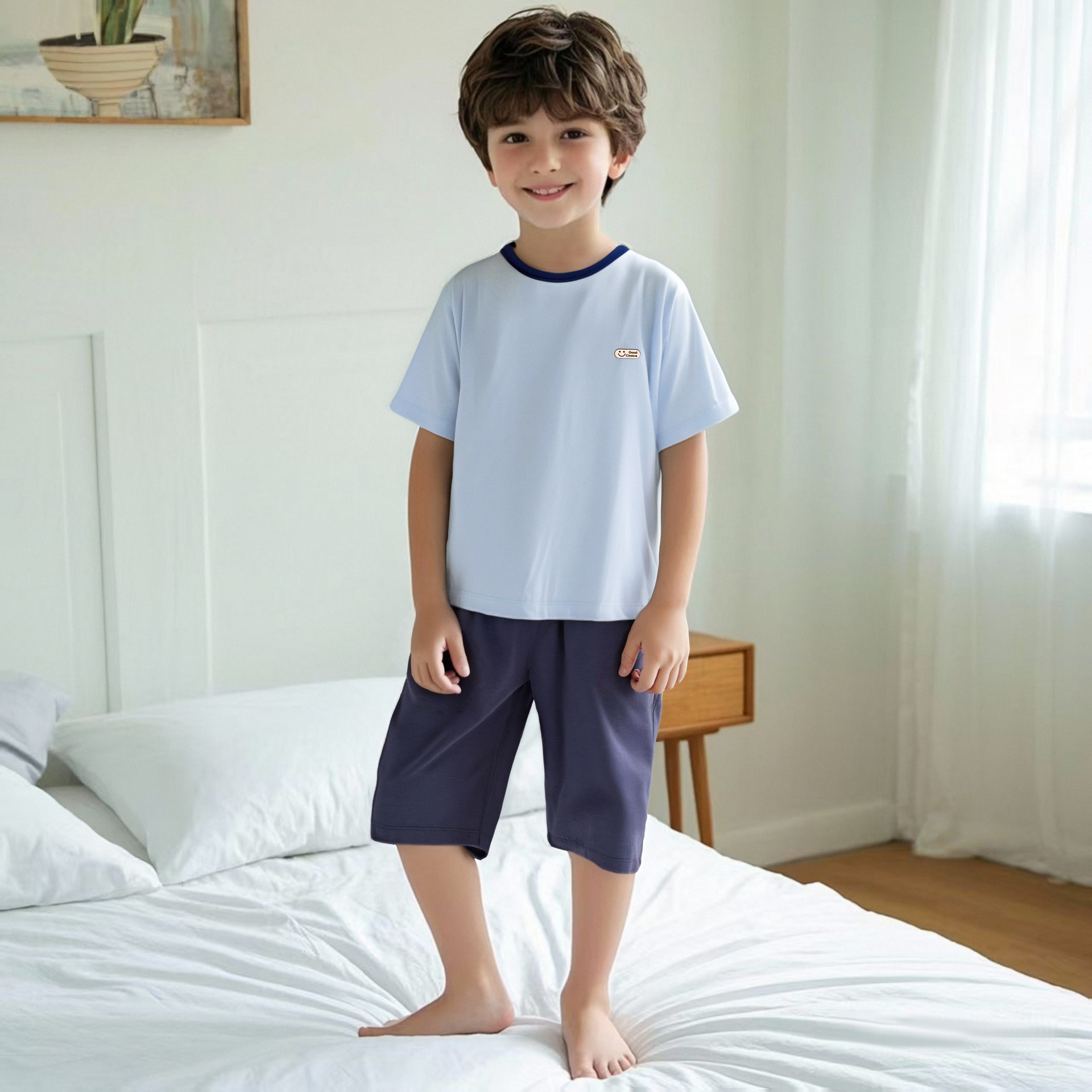 Children's Home Wear Thin Cotton Summer Short-Sleeve Set for Boys and Girls, Suitable for Older Children, Short-Sleeve and Cropped Pants Air-Conditioning Clothing