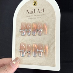『扶搖』腮紅漸變貓眼純欲風蝴蝶結顯白中長美甲貼片純手工穿戴甲