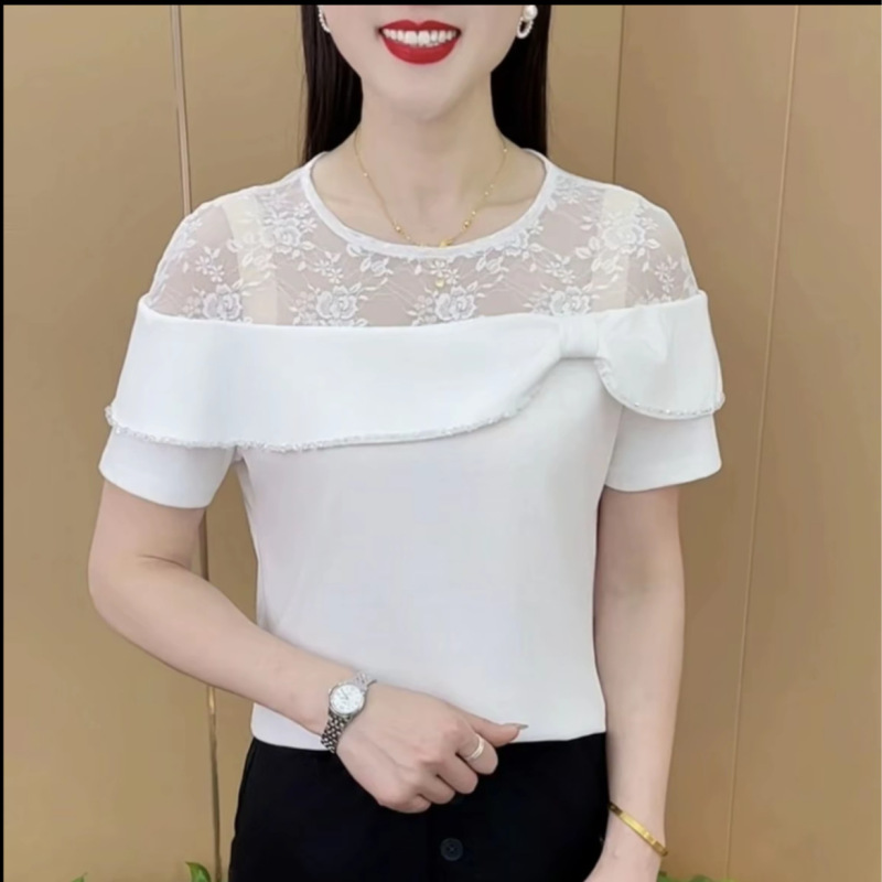 2025夏季新款时尚设计感圆领蕾丝拼接短袖T恤女百搭洋气上衣潮|undefined