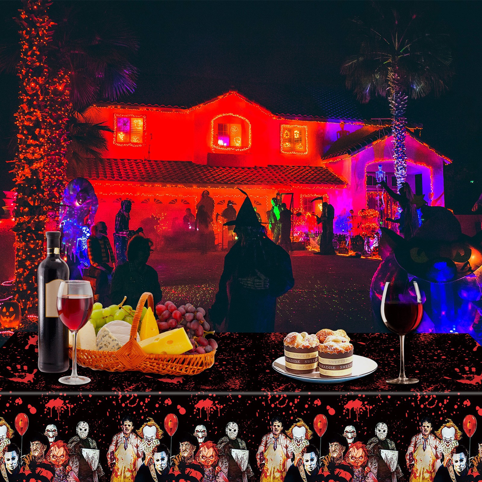 Tovaglia per feste di Halloween, decorazione per feste con film horror, disposizione del locale per la fuga dalla stanza, oggetti di scena, tovaglia usa e getta_voghion.com