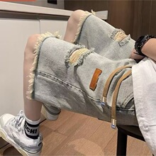 夏季破洞牛仔短裤男潮牌宽松百搭痞帅毛边中裤复古水洗直筒五分裤