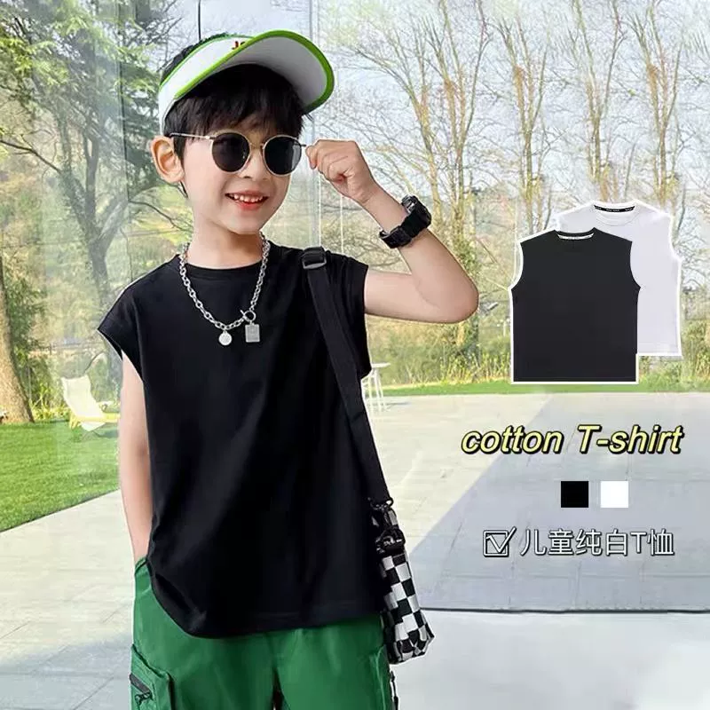 Однотонный детский жилет, футболка с воротником сзади, одежда для мальчиков и девочек, однотонный хлопковый жилет без рукавов, одежда для активного отдыха с короткими рукавами, с принтом