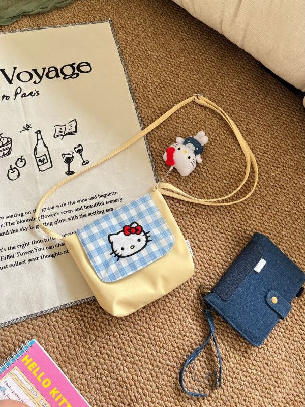 新款原创刺绣kitty斜挎包可爱百搭手机拍立得收纳撞色小包|undefined