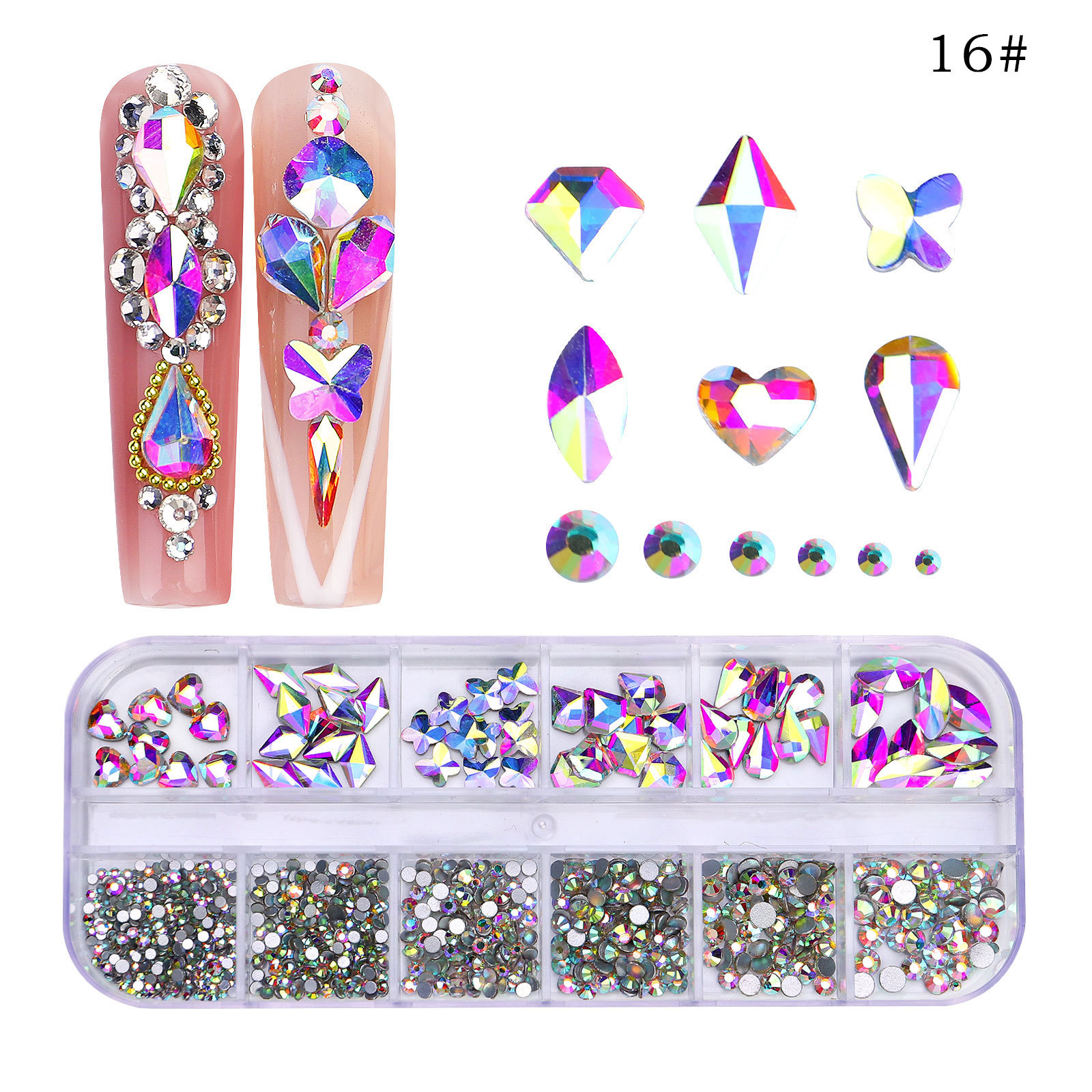 Transfronterizo nuevo taladro de uñas de 12 rejillas de forma especial diamante plano rhinestone AB joyería de uñas decoración de uñas de diamantes ventas directas de la fábrica