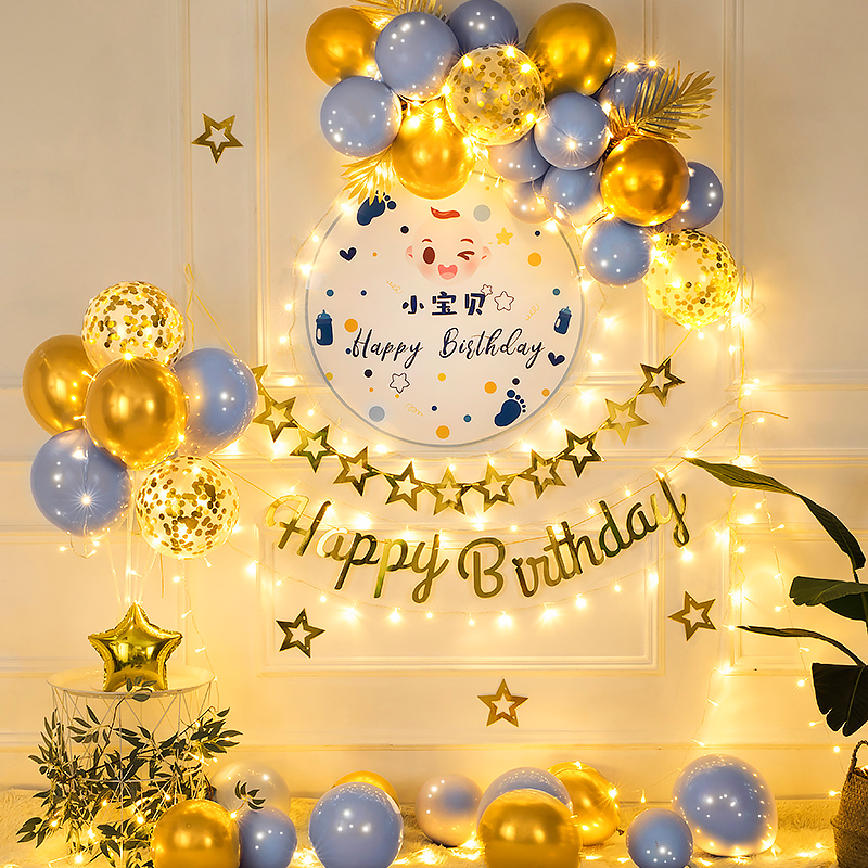 男孩女孩寶寶百天周歲兒童生日裝飾場景布置派對海報氣球背景王金